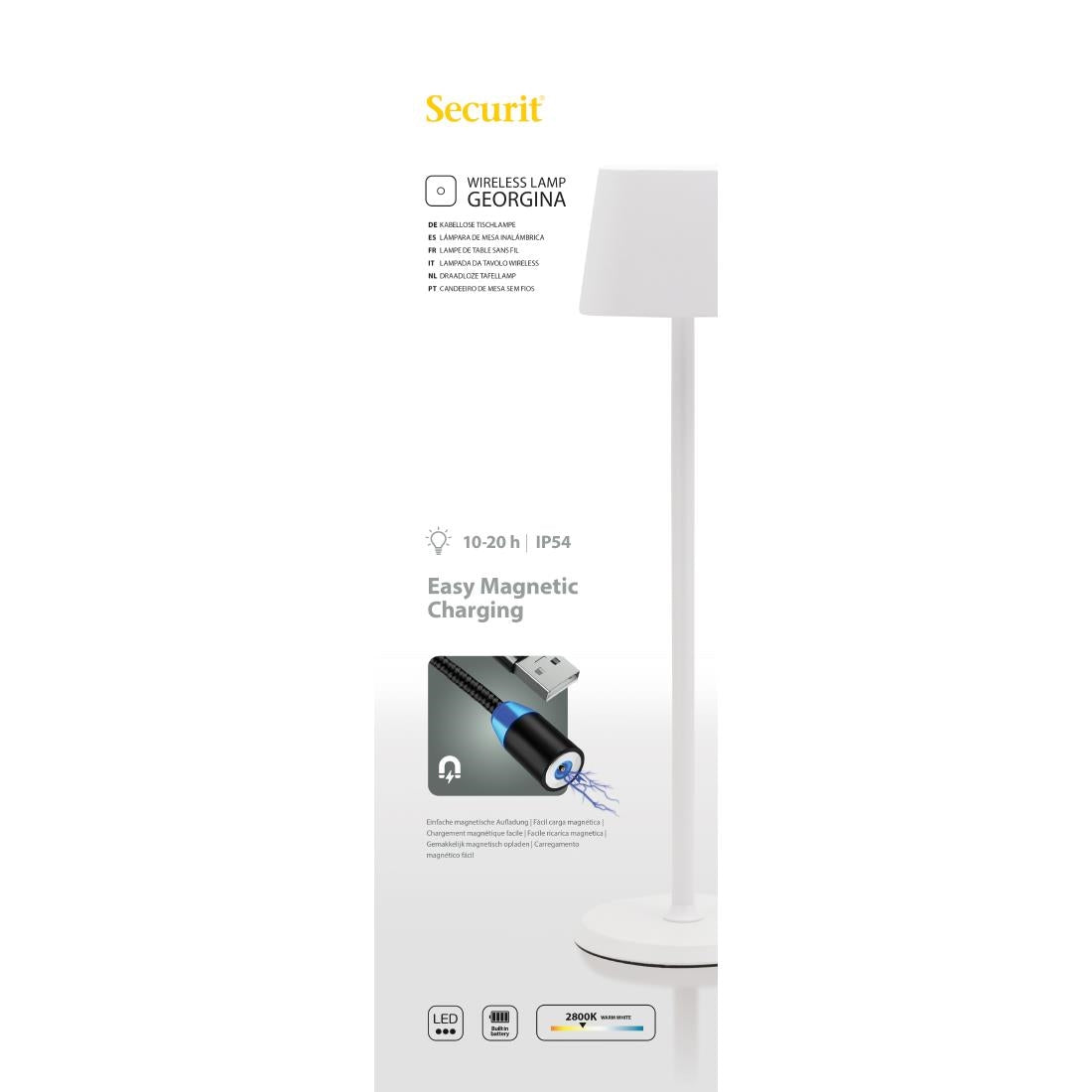 Lampe de table LED sans fil blanche à intensité variable Securit Georgina avec câble de chargement magnétique — GR658