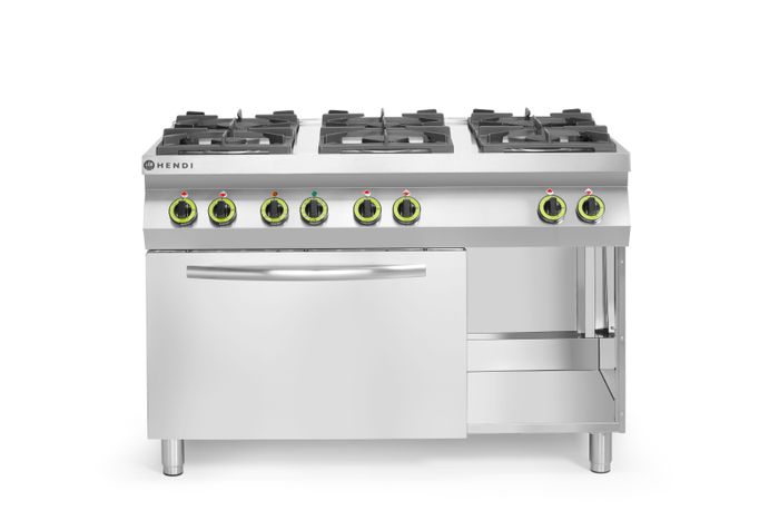 Gasfornuis Kitchen Line 6-pits met convectieoven GN 1/1, HENDI, Kitchen Line, 230V/3000W, 28,5kW, 1200x722x(H)900mm — 225899