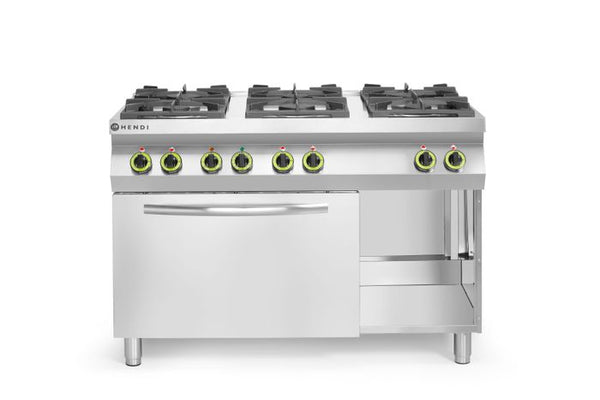 Gasfornuis Kitchen Line 6-pits met convectieoven GN 1/1, HENDI, Kitchen Line, 230V/3000W, 28,5kW, 1200x722x(H)900mm — 225899