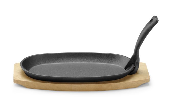 Plat en fonte avec dessous en bois et poignée avec pince, HENDI, Noir, 280x143x(H)33mm, Ovale — 629383