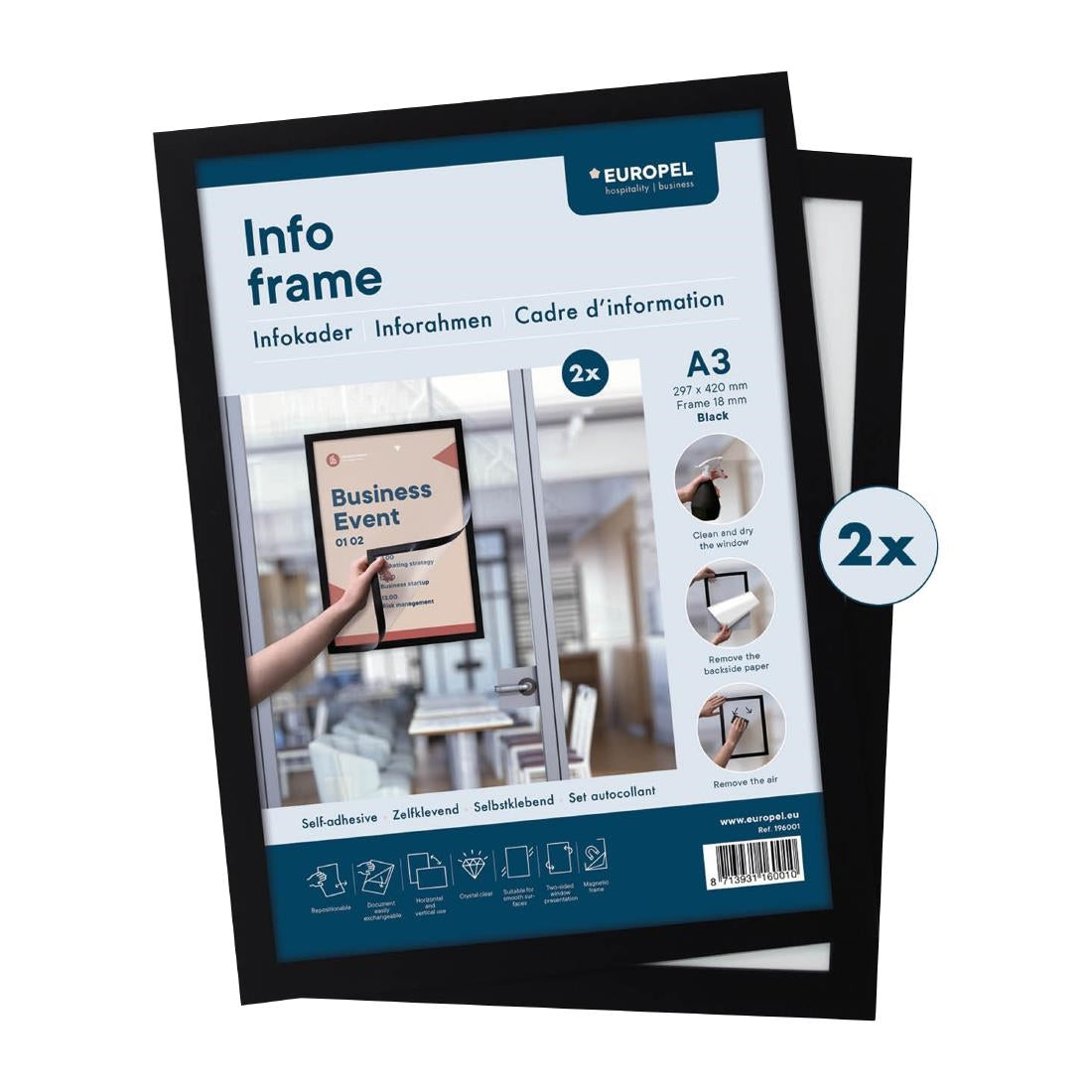 Cadres d'affichage autocollants Europel A3 noirs (lot de 2) — HU454