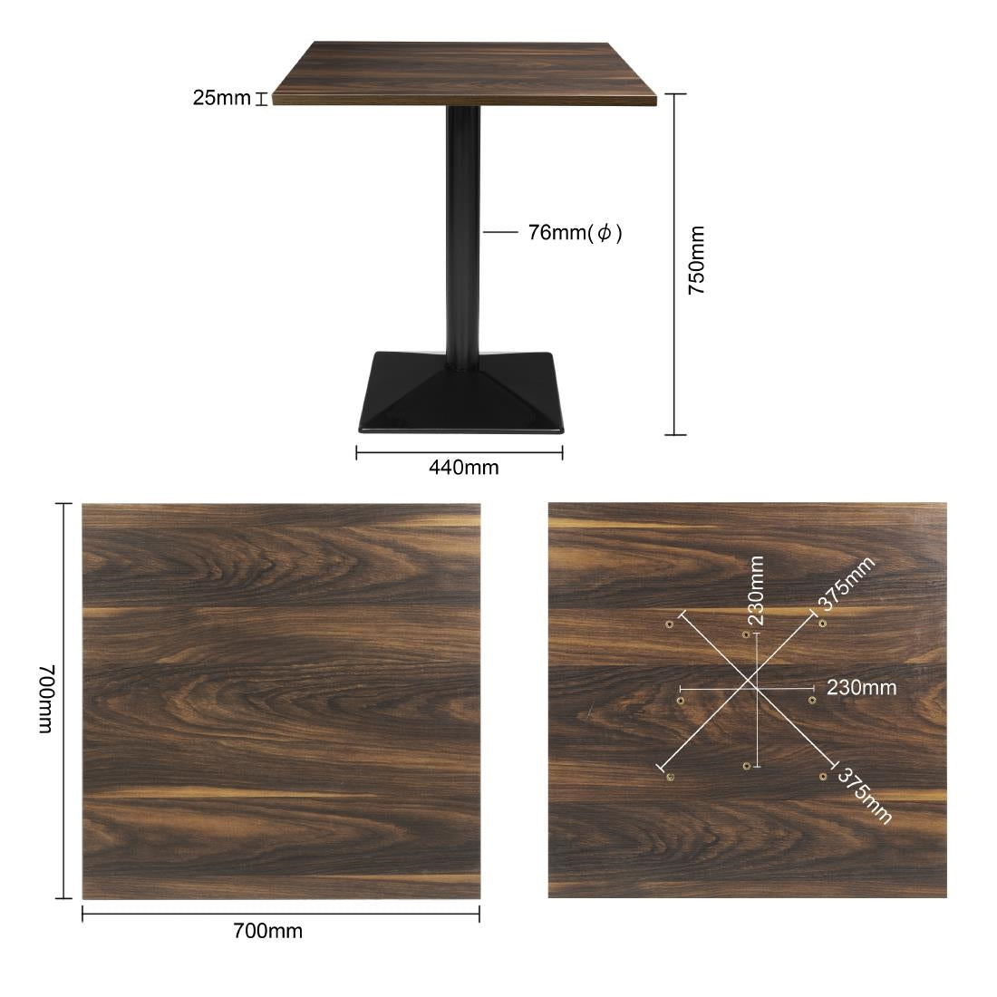 Table carrée Bolero Complete effet bois foncé 700mm — HW850