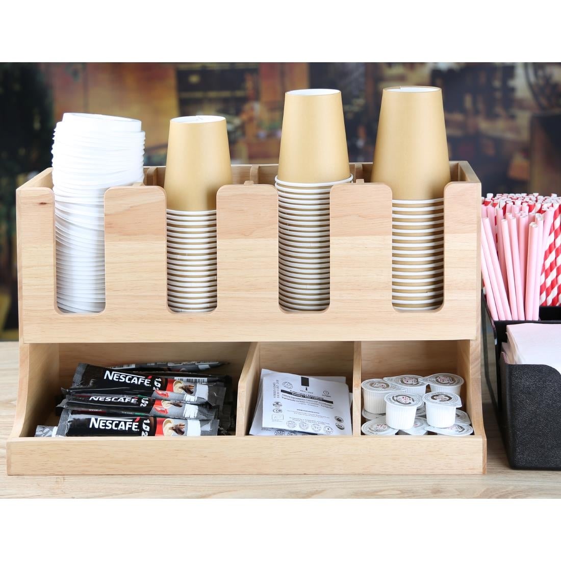 Organisateur de gobelets et condiments en bois d'hévéa Olympia 450x405x240mm — HX395