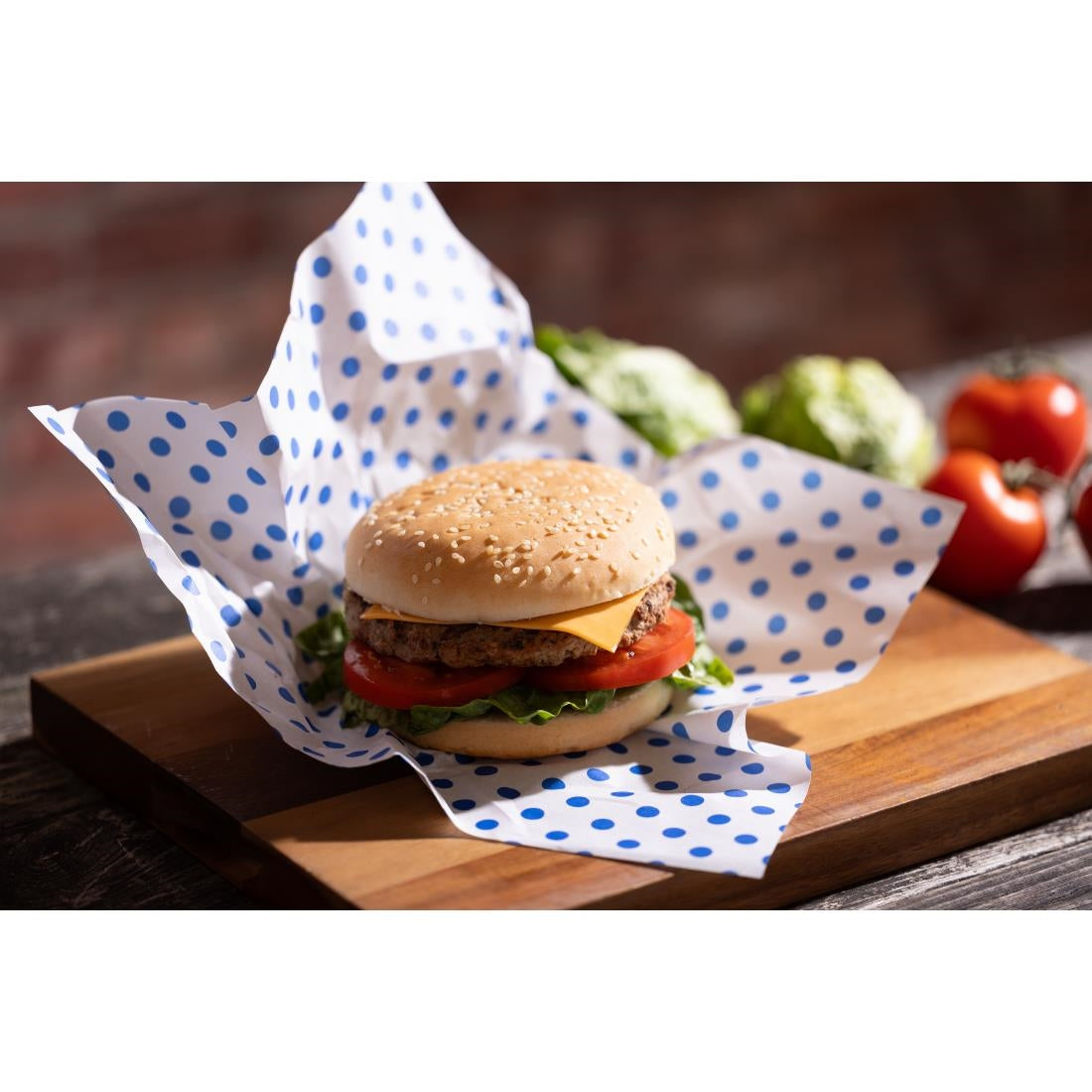 Papier d'emballage burger Fiesta Compostable points bleus 250x300 (lot de 200) — HY783