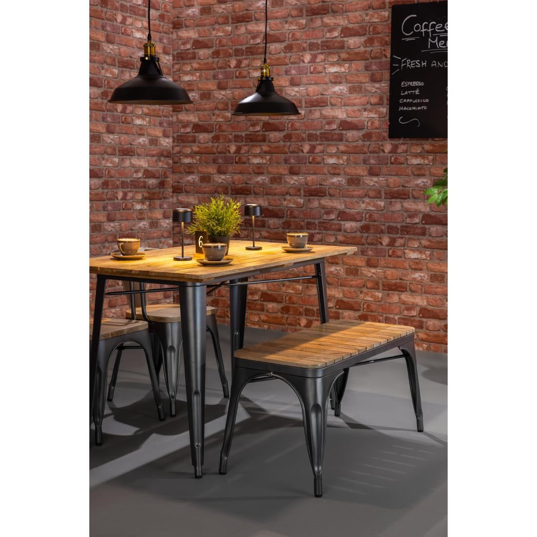 Banc d'intérieur à lattes en bois de manguier et cadre gris acier Bolero Bistro 850 mm (lot de 2) — HZ817