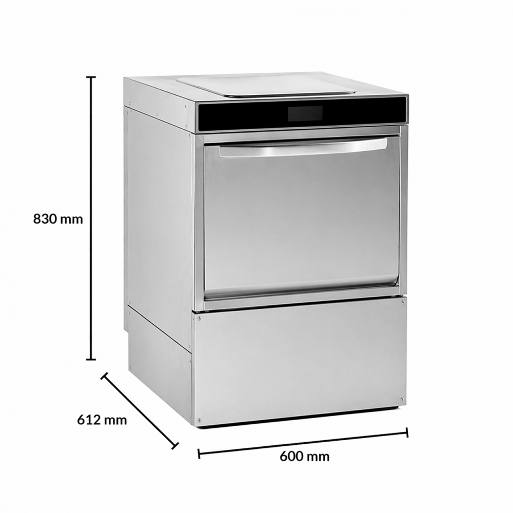 Lave-vaisselle professionnel inox 50x50 cm avec adoucisseur et pompe de vidange 230V
