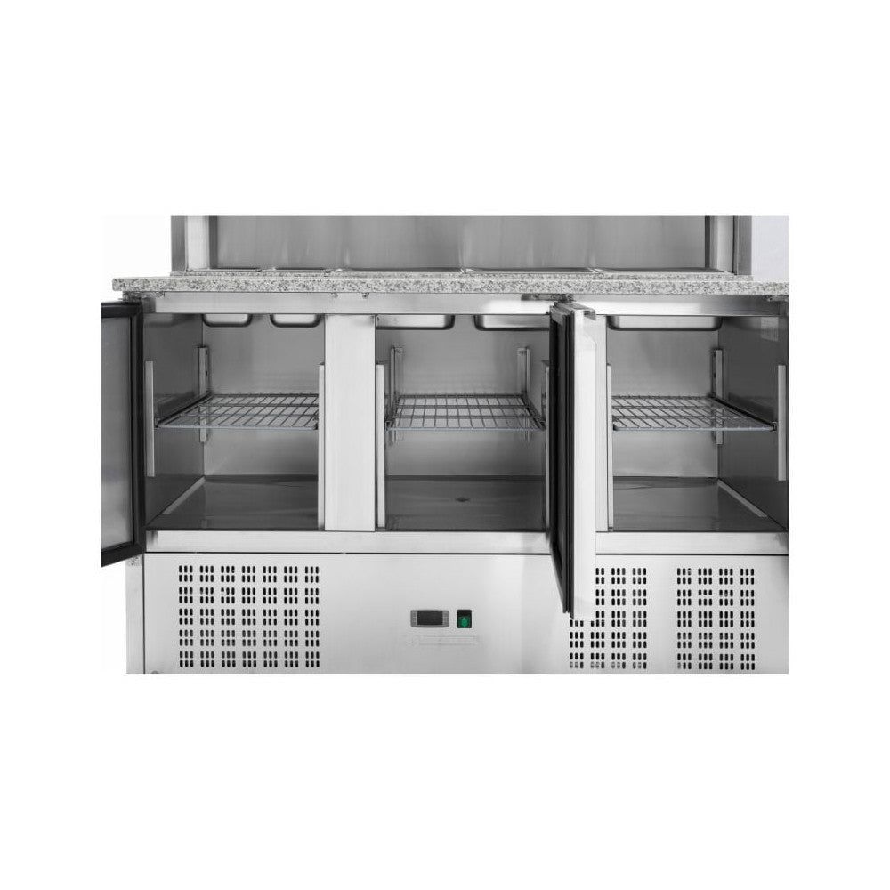 Gekoelde Pizzawerkbank 3 Deuren 240L – 8 GN 1/6 Bakken Statische Koeling RVS R600a Horeca 1400mm