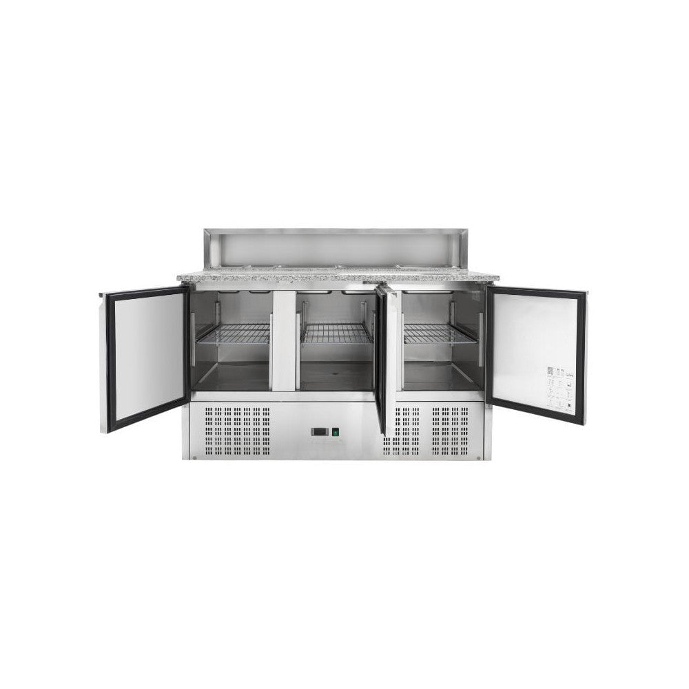 Gekoelde Pizzawerkbank 3 Deuren 240L – 8 GN 1/6 Bakken Statische Koeling RVS R600a Horeca 1400mm