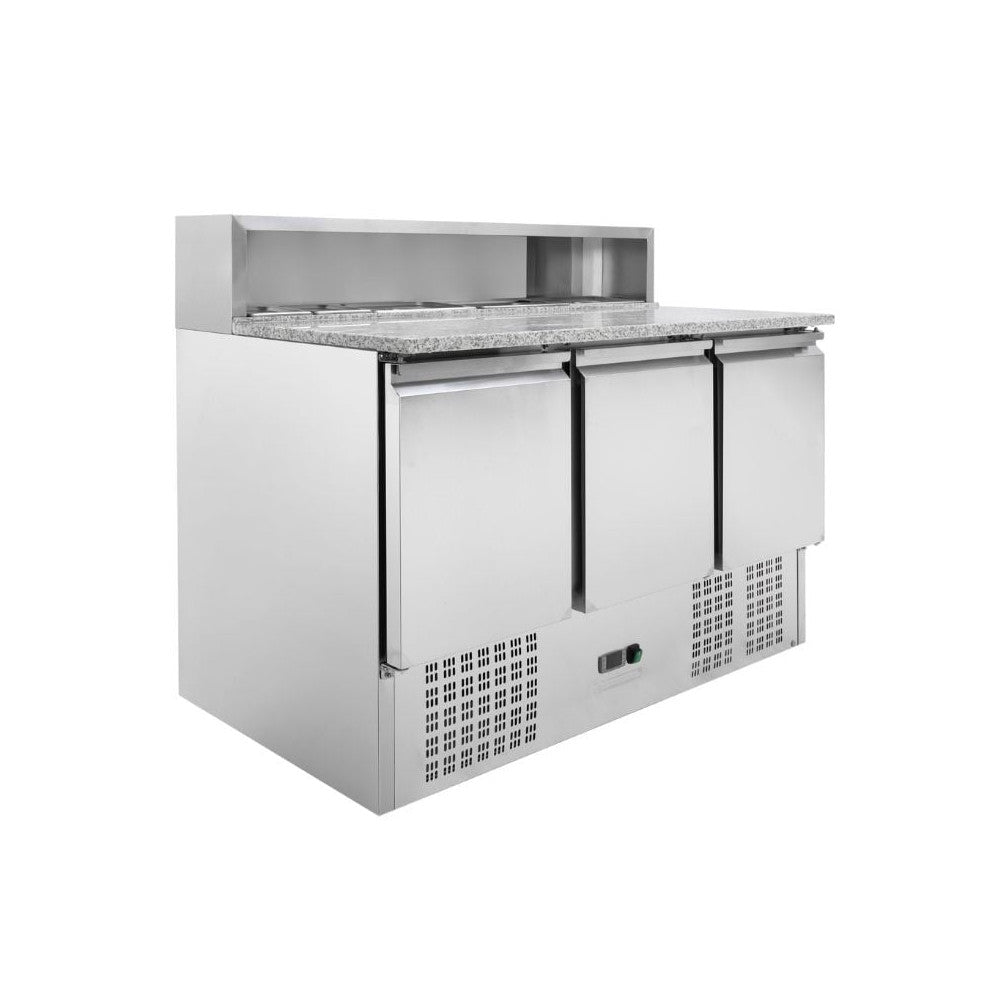 Gekoelde Pizzawerkbank 3 Deuren 240L – 8 GN 1/6 Bakken Statische Koeling RVS R600a Horeca 1400mm