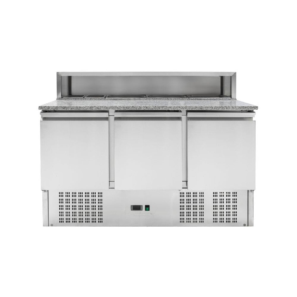 Gekoelde Pizzawerkbank 3 Deuren 240L – 8 GN 1/6 Bakken Statische Koeling RVS R600a Horeca 1400mm
