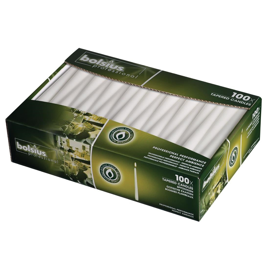 Bougies effilées Bolsius 254mm blanches (lot de 100) — P960
