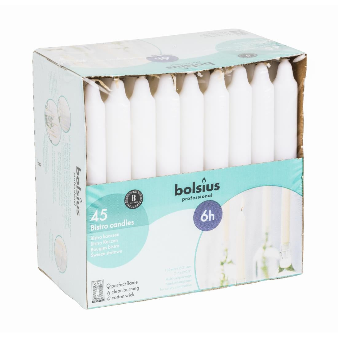 Bougies bistro Bolsius 177mm blanches (lot de 45) — P963