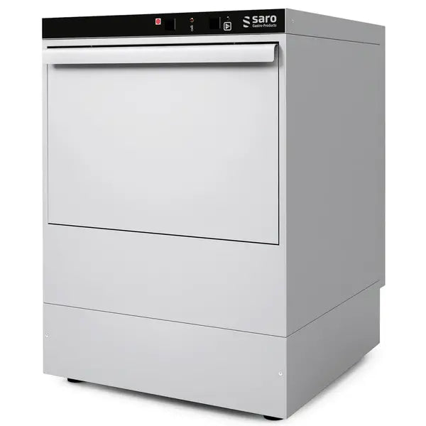 Lave-verres professionnel Saro MÜNCHEN 350 × 350 mm avec pompe à détergent, pompe de rinçage et structure en acier inoxydable.