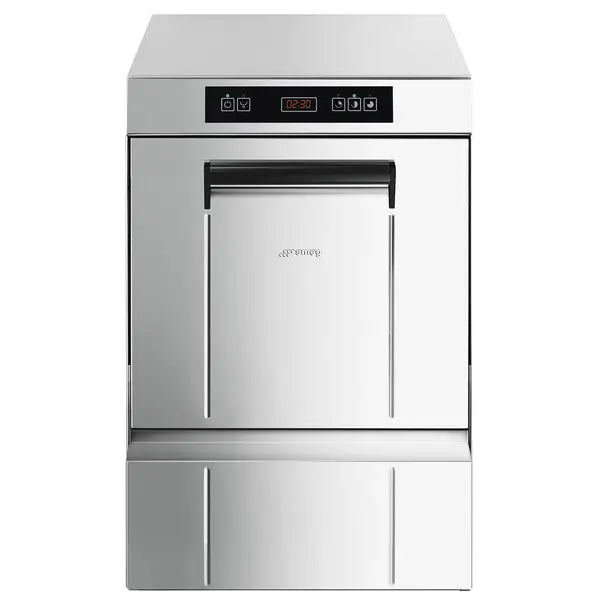 Lave-verres professionnel Smeg ECOLINE SPG405 avec panier 400 × 400 mm, Break Tank, pompe de rinçage HTR et structure en acier inoxydable.
