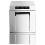 Lave-verres professionnel Smeg ECOLINE SPG405 avec panier 400 × 400 mm, Break Tank, pompe de rinçage HTR et structure en acier inoxydable.
