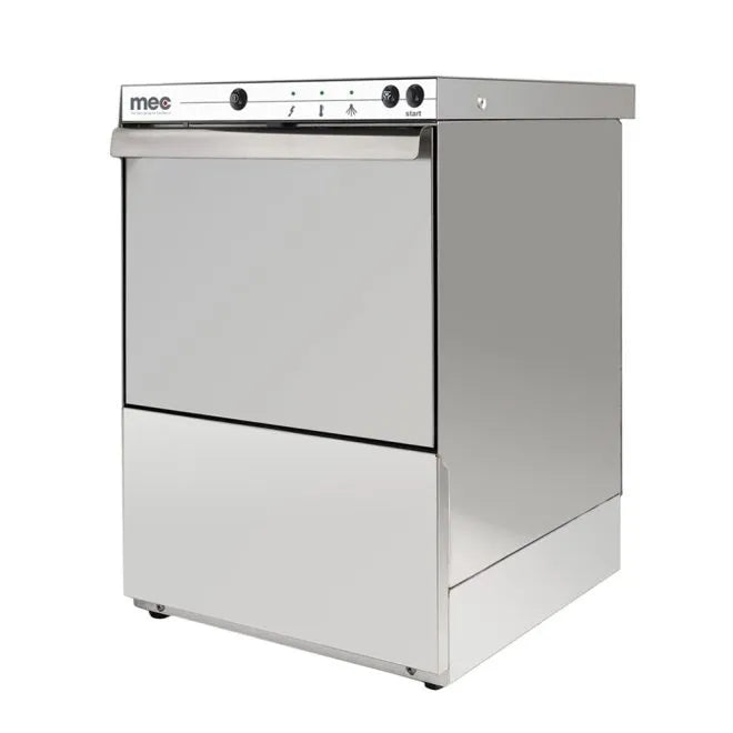 Lave-verres professionnel Made in Italy MEC Europe T400-DD-PS avec double doseur automatique, pompe de vidange intégrée et structure en inox AISI 304.